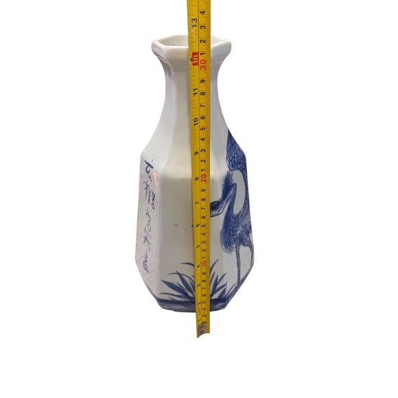 Vintage Blue White Ceramic Vase Crane Bird Asian Hand Painted Thailand